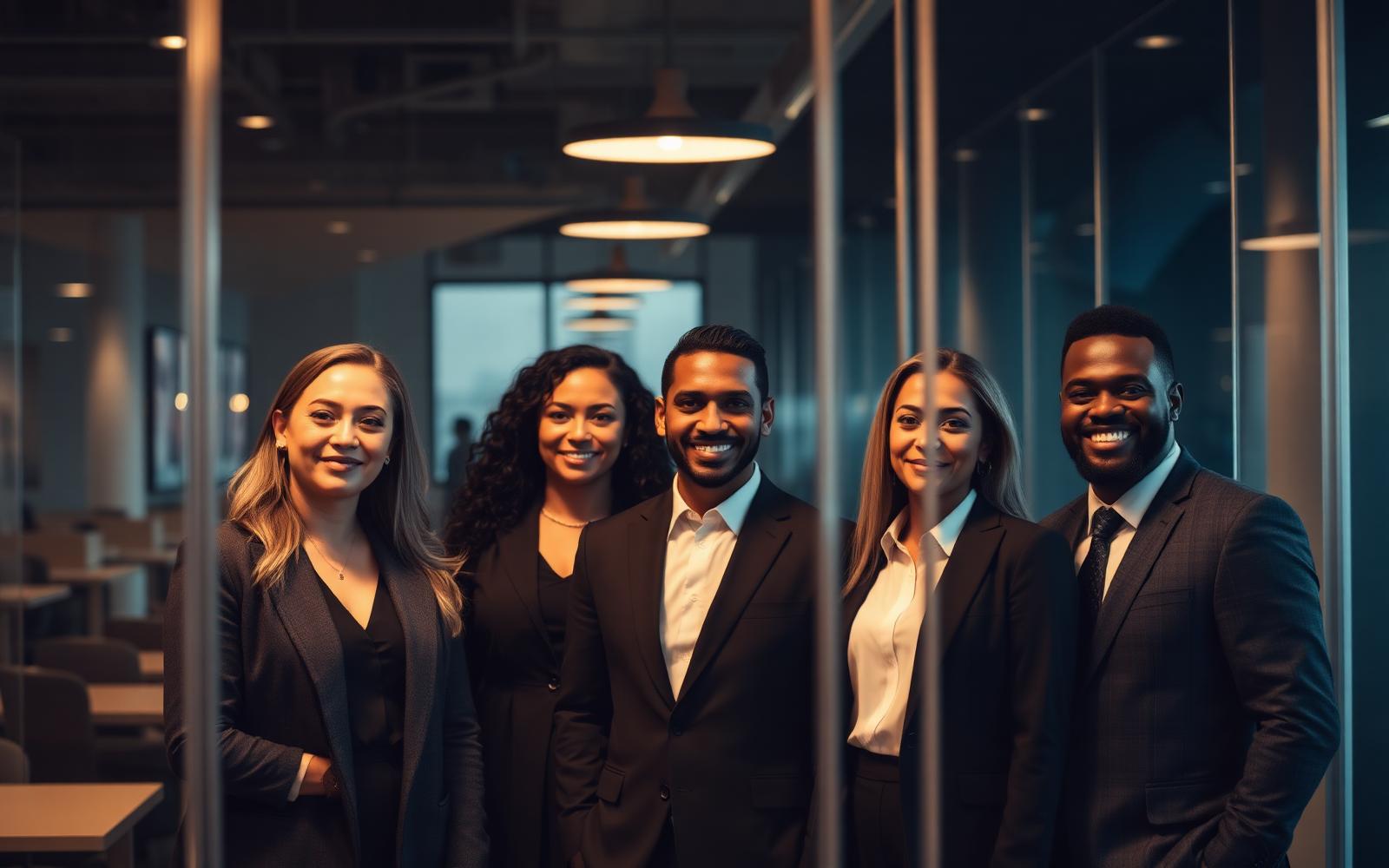 Team of professionals standing together in a modern glass office