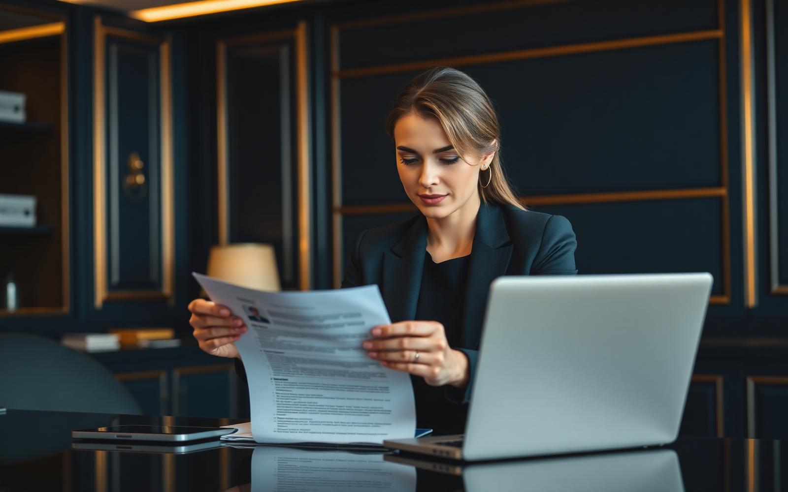 Career consultant reviewing a printed resume at an executive desk