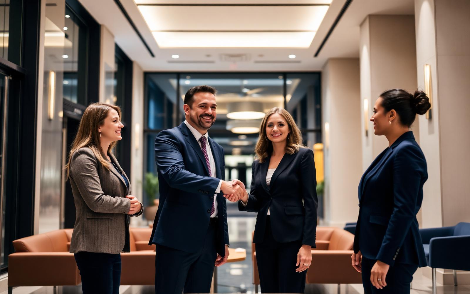 Candidate shaking hands with hiring managers after a successful interview
