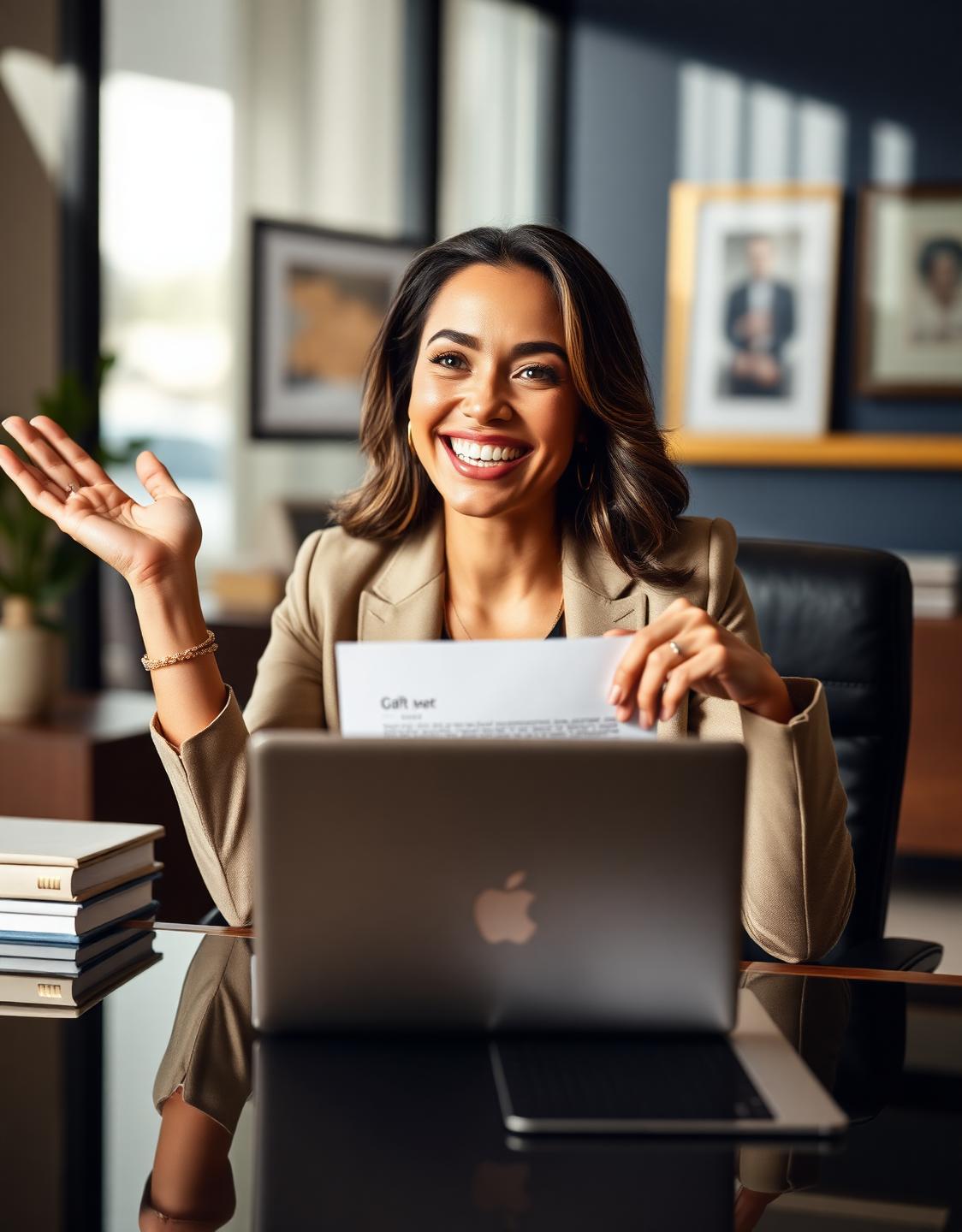 Client smiling with an offer letter at her desk